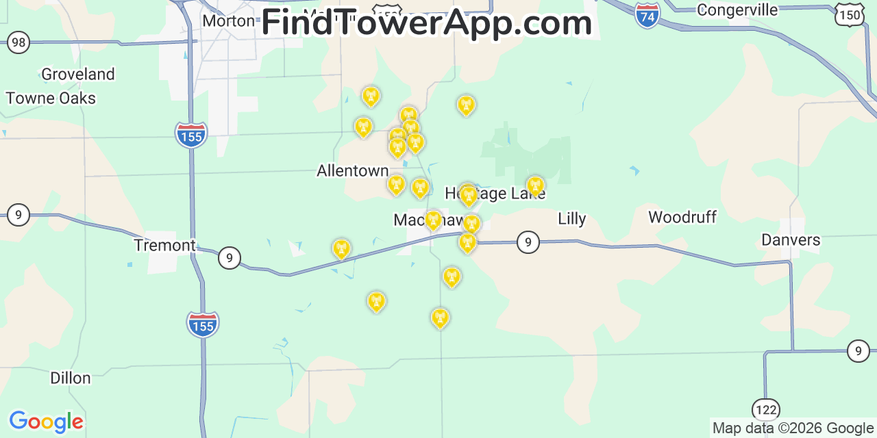 Map showing the 20 primary cell tower locations detected in Mackinaw, Illinois from AT&T, Verizon, and T-Mobile networks
