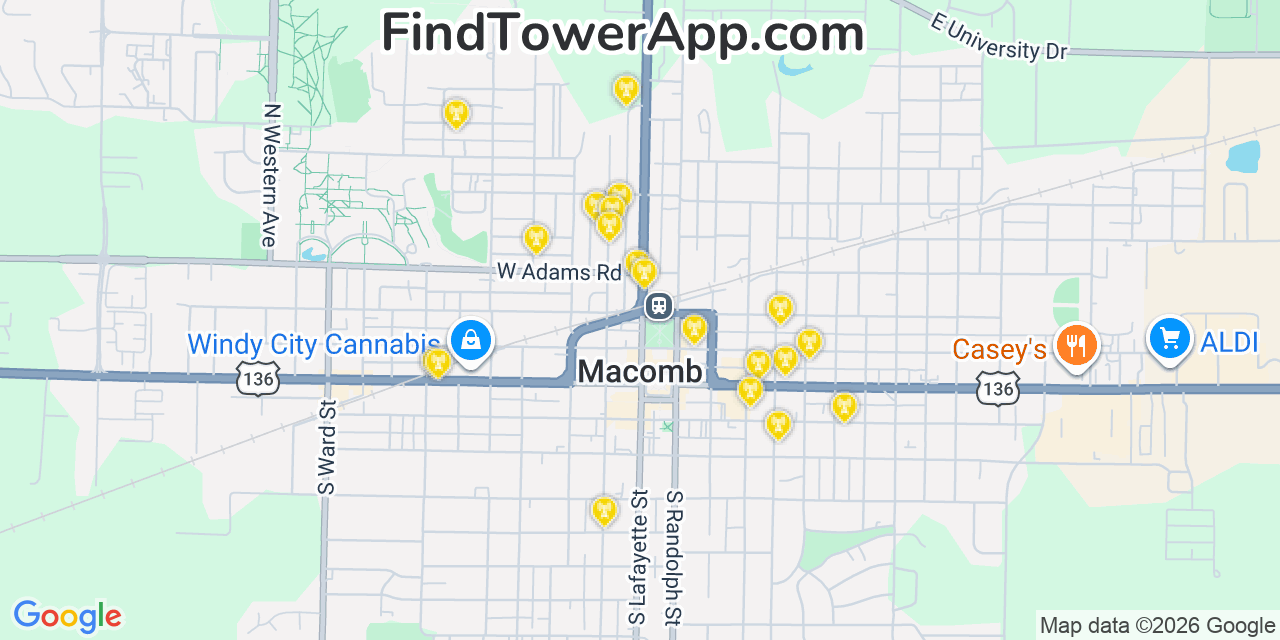 Map showing the 20 primary cell tower locations detected in Macomb, Illinois from AT&T, Verizon, and T-Mobile networks