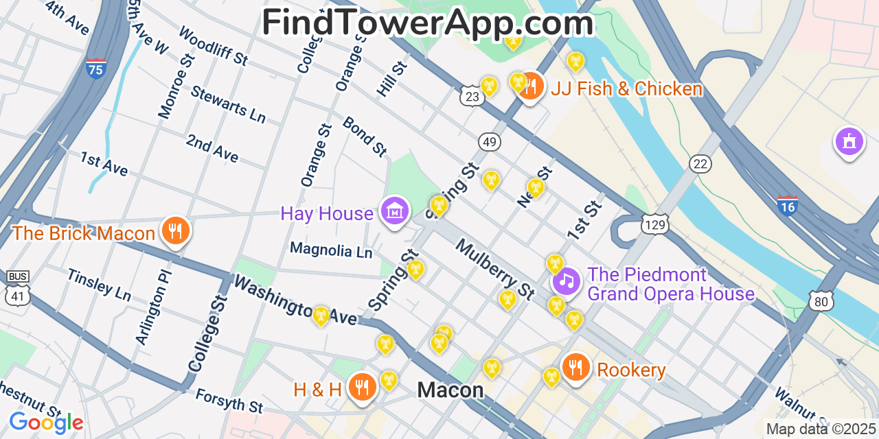 Map showing the 20 primary cell tower locations detected in Macon, Georgia from AT&T, Verizon, and T-Mobile networks
