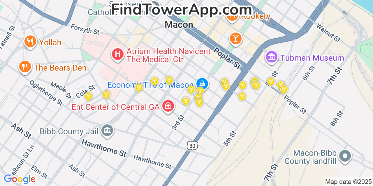 Map showing the 20 primary cell tower locations detected in Macon, Georgia from AT&T, Verizon, and T-Mobile networks