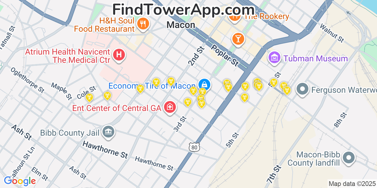 Map showing the 20 primary Mobitel cell tower locations detected in Macon, Georgia with coverage radius and signal strength indicators