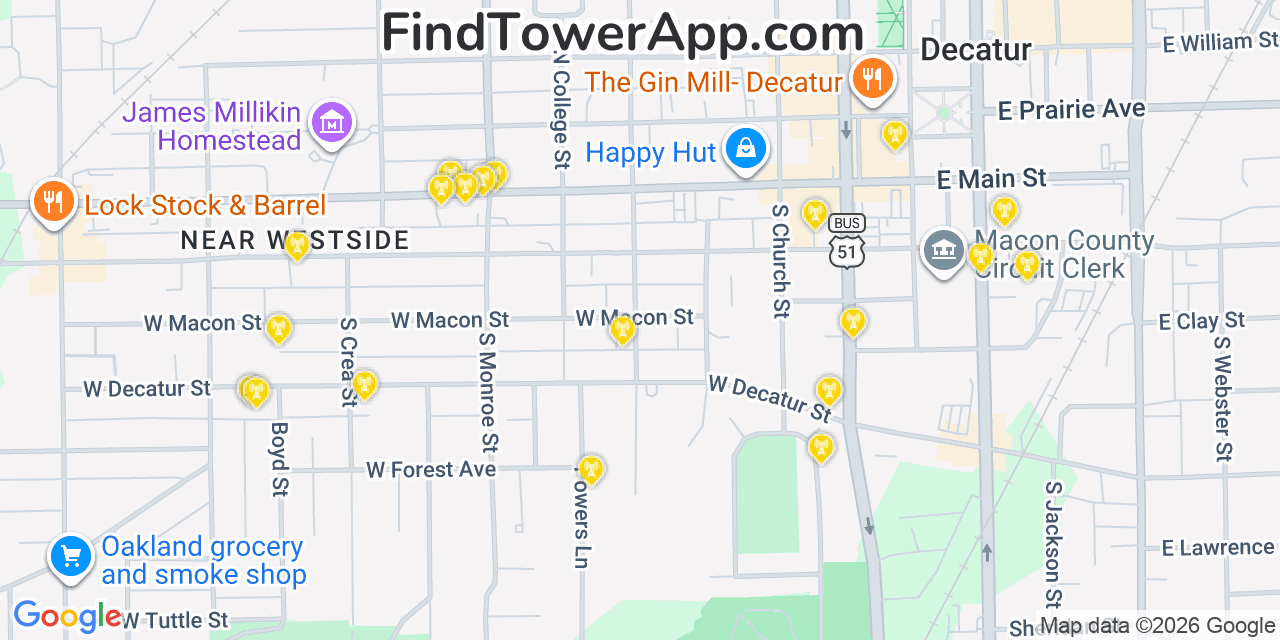 Map showing the 20 primary cell tower locations detected in Macon, Illinois from AT&T, Verizon, and T-Mobile networks