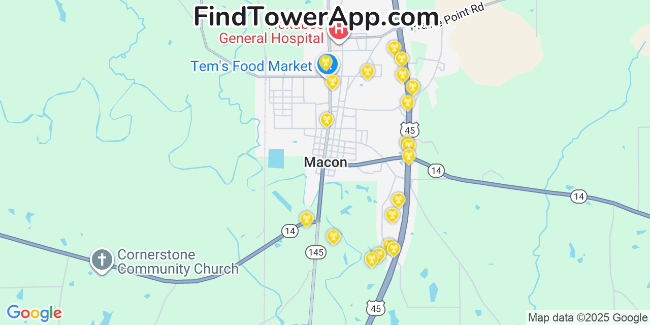 Map showing the 20 primary cell tower locations detected in Macon, Mississippi from AT&T, Verizon, and T-Mobile networks