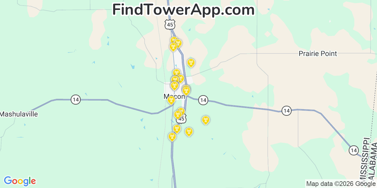 Map showing the 20 primary cell tower locations detected in Macon, Mississippi from AT&T, Verizon, and T-Mobile networks