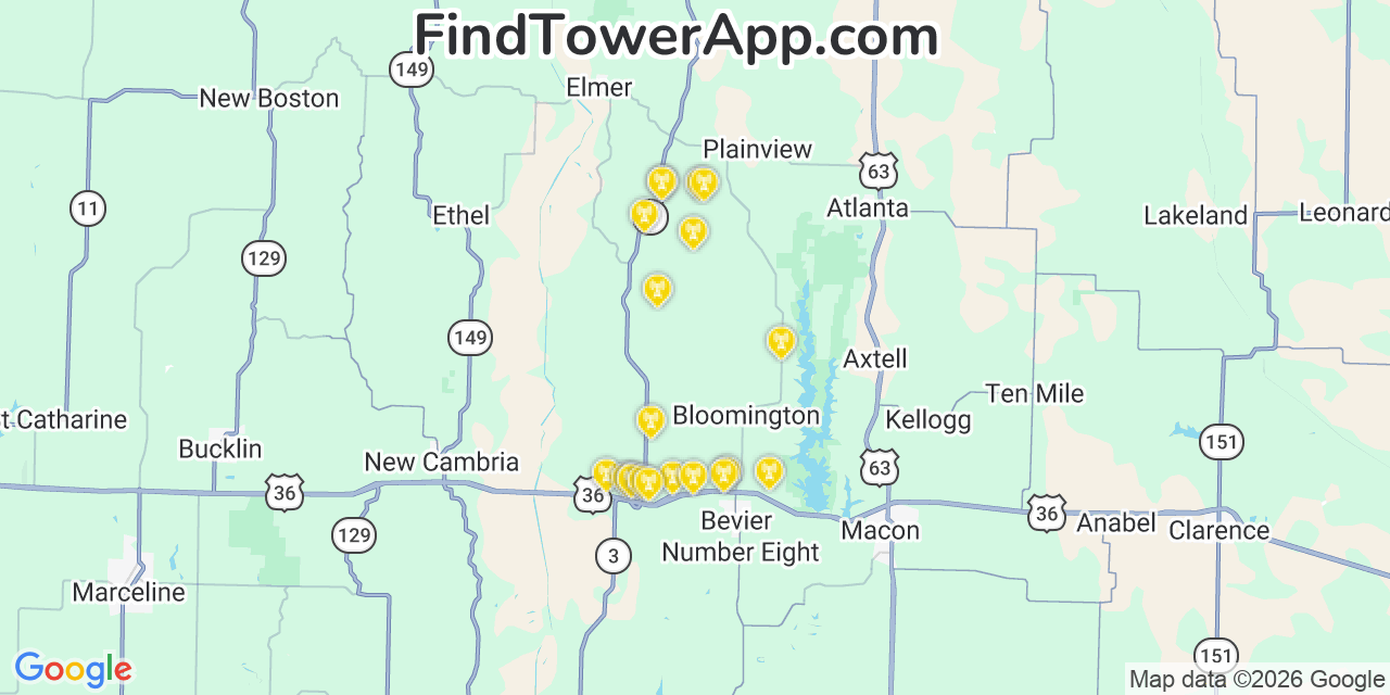 Map showing the 20 primary cell tower locations detected in Macon, Missouri from AT&T, Verizon, and T-Mobile networks