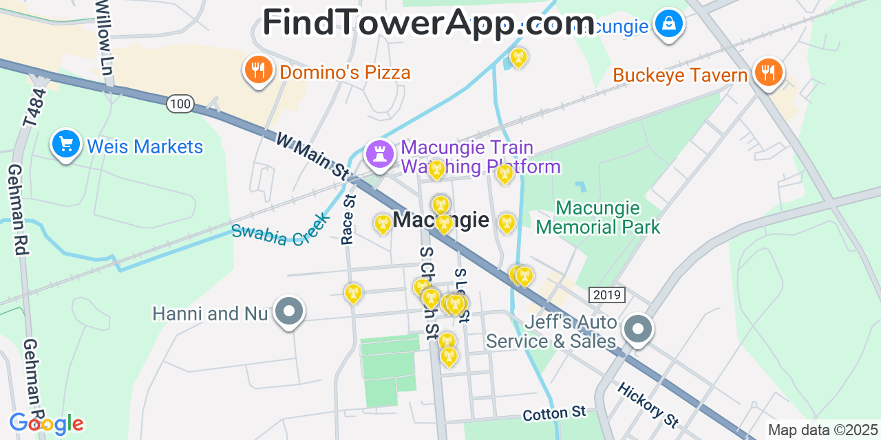 Map showing the 20 primary cell tower locations detected in Macungie, Pennsylvania from AT&T, Verizon, and T-Mobile networks