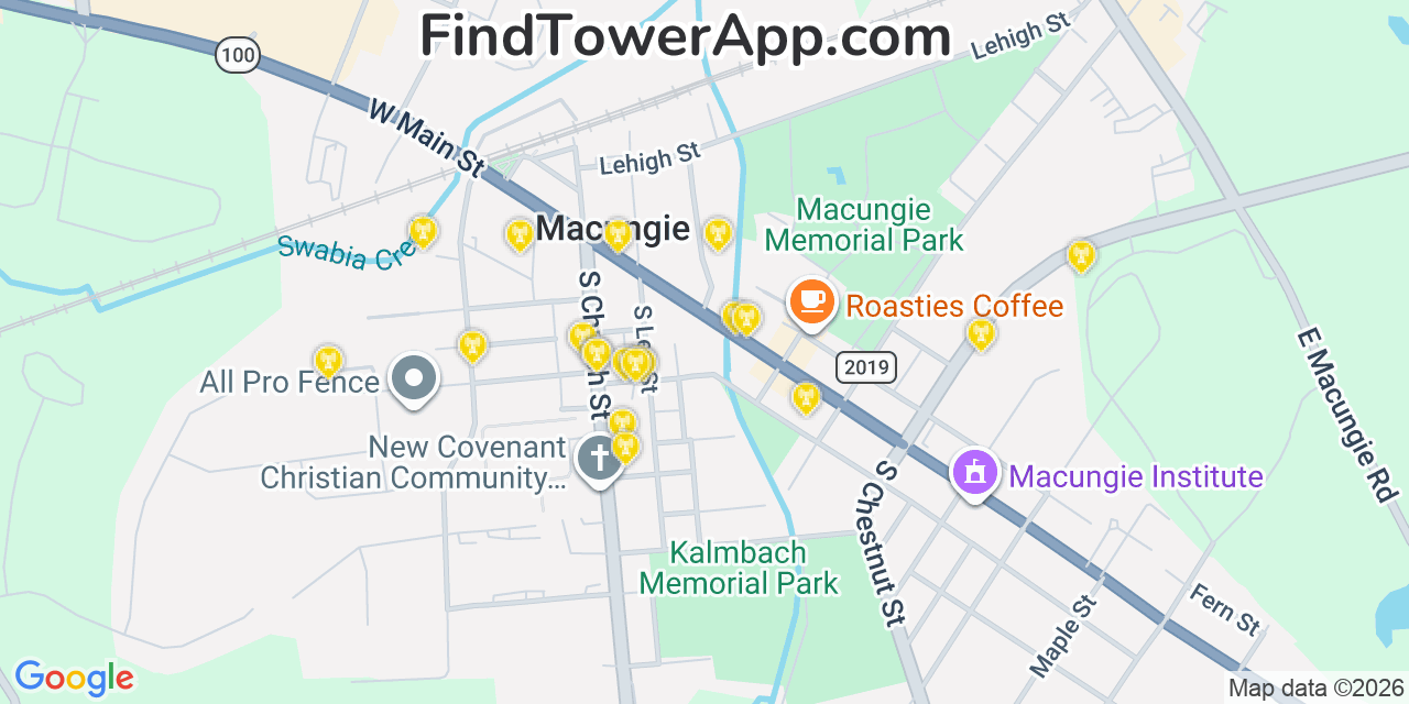 Map showing the 20 primary cell tower locations detected in Macungie, Pennsylvania from AT&T, Verizon, and T-Mobile networks