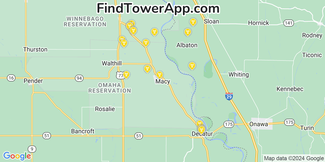 AT&T 4G/5G cell tower coverage map Macy, Nebraska