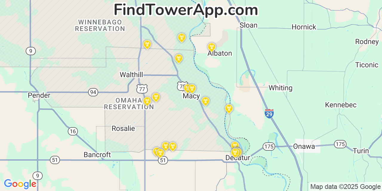Map showing the 20 primary cell tower locations detected in Macy, Nebraska from AT&T, Verizon, and T-Mobile networks