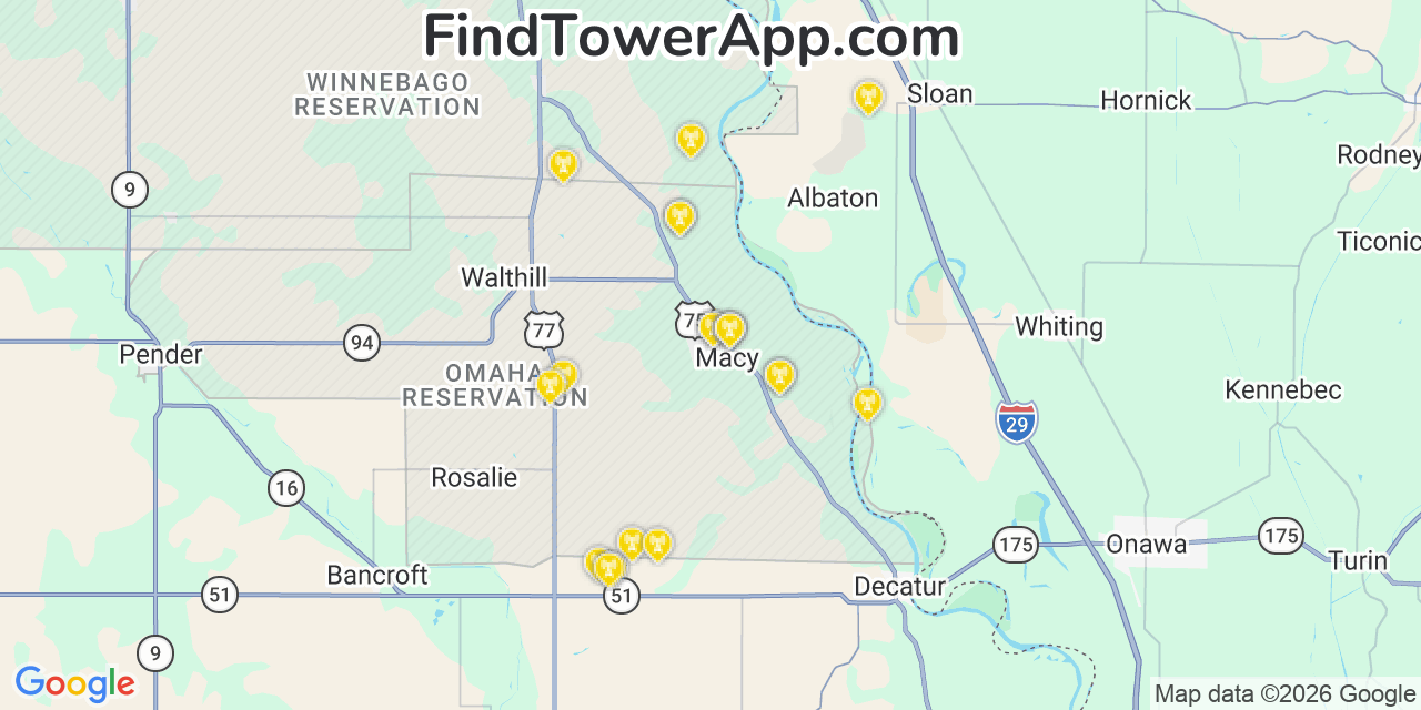 Map showing the 20 primary cell tower locations detected in Macy, Nebraska from AT&T, Verizon, and T-Mobile networks