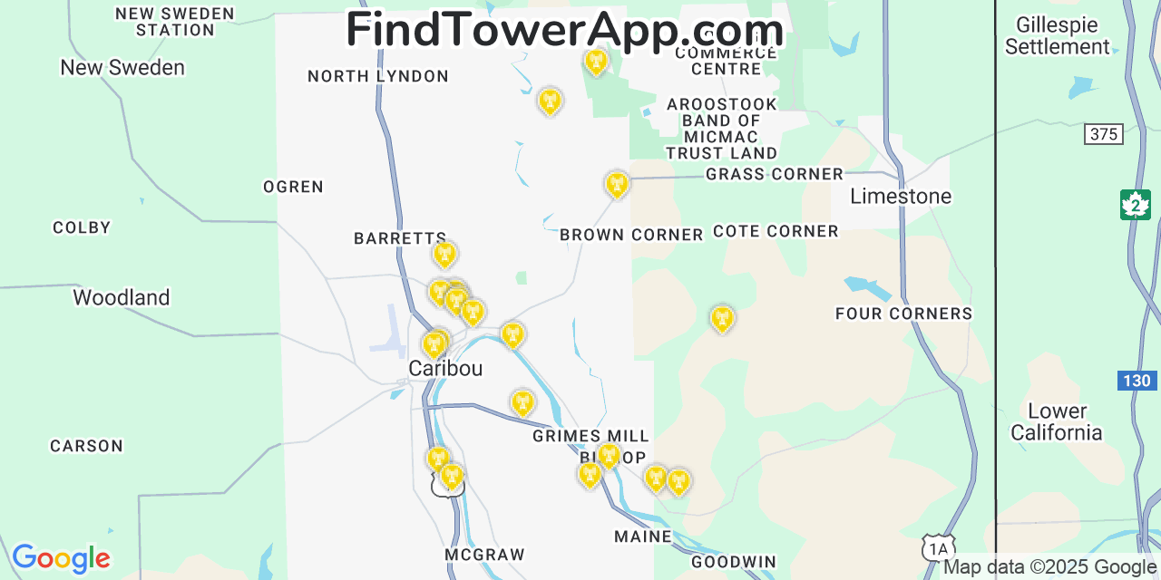 Map showing the 20 primary cell tower locations detected in Madawaska, Maine from AT&T, Verizon, and T-Mobile networks