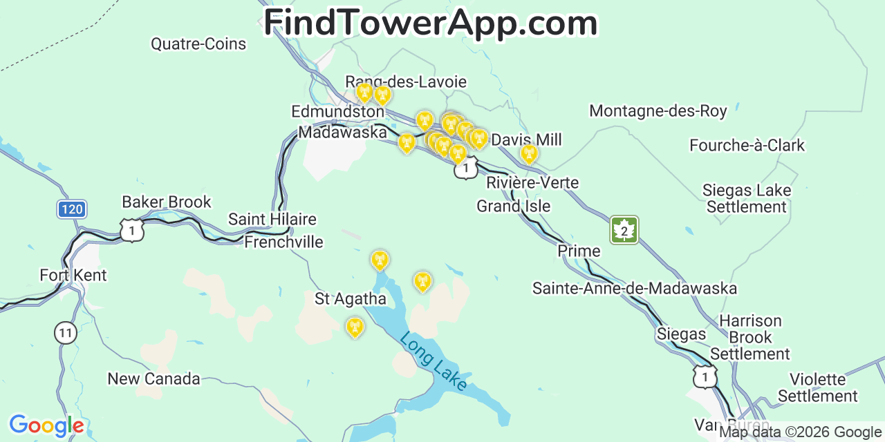 Map showing the 20 primary cell tower locations detected in Madawaska, Maine from AT&T, Verizon, and T-Mobile networks