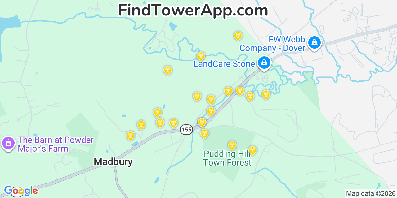 Map showing the 20 primary cell tower locations detected in Madbury, New Hampshire from AT&T, Verizon, and T-Mobile networks