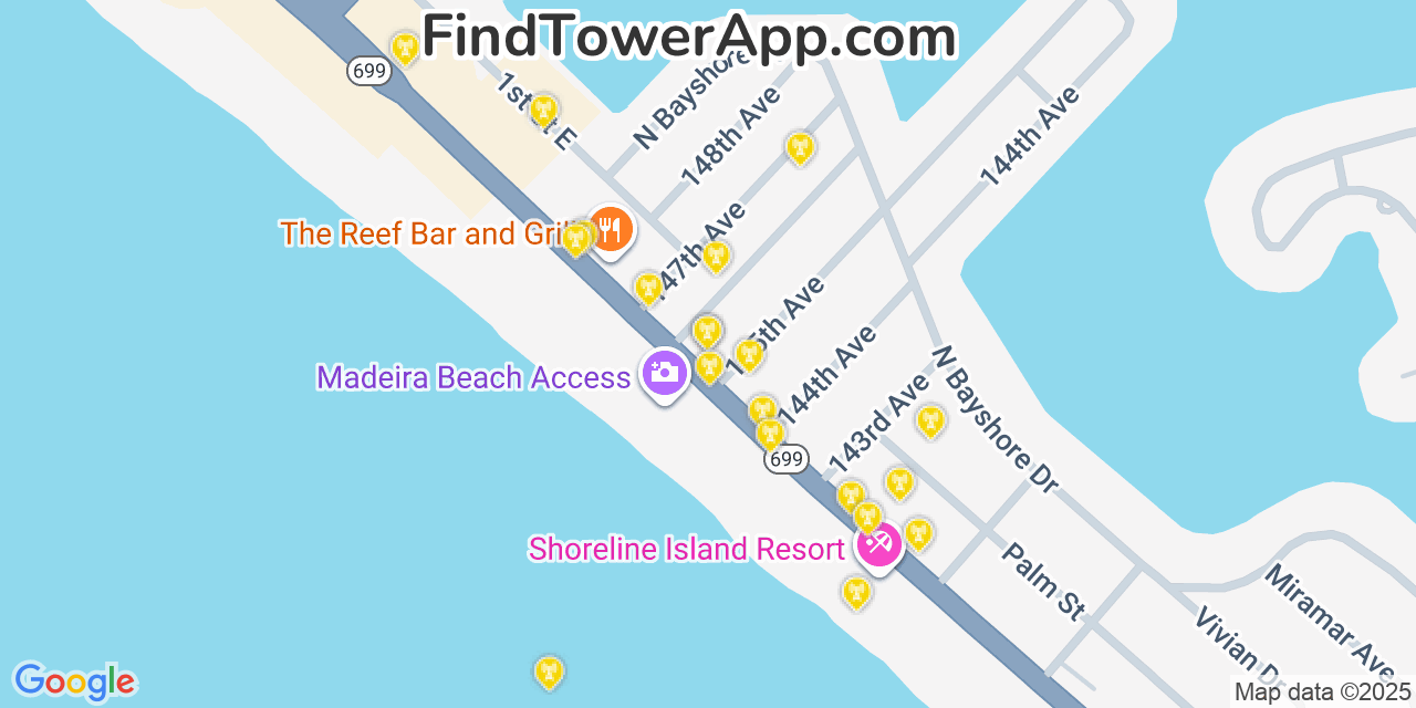 Map showing the 20 primary cell tower locations detected in Madeira Beach, Florida from AT&T, Verizon, and T-Mobile networks