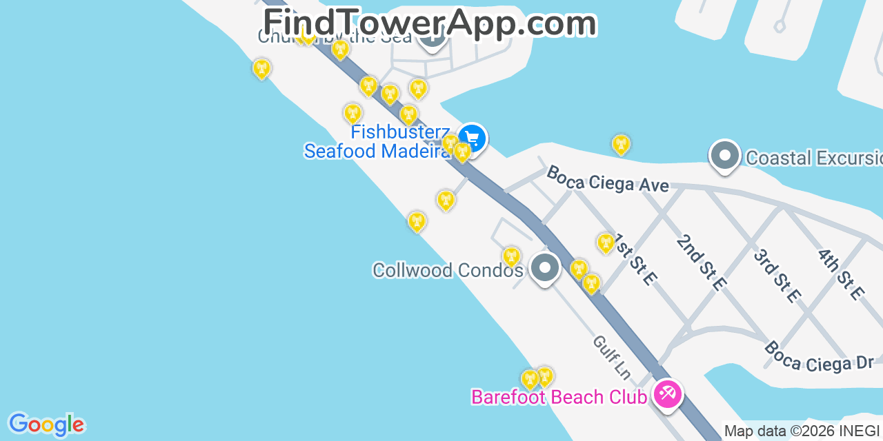 Map showing the 20 primary cell tower locations detected in Madeira Beach, Florida from AT&T, Verizon, and T-Mobile networks