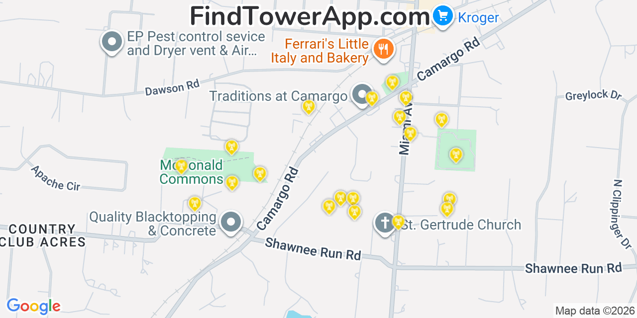 Map showing the 20 primary cell tower locations detected in Madeira, Ohio from AT&T, Verizon, and T-Mobile networks