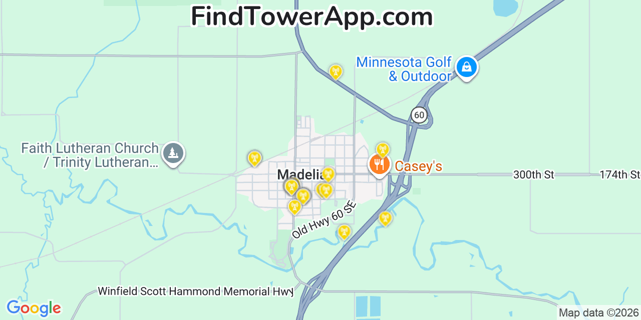 Map showing the 20 primary cell tower locations detected in Madelia, Minnesota from AT&T, Verizon, and T-Mobile networks