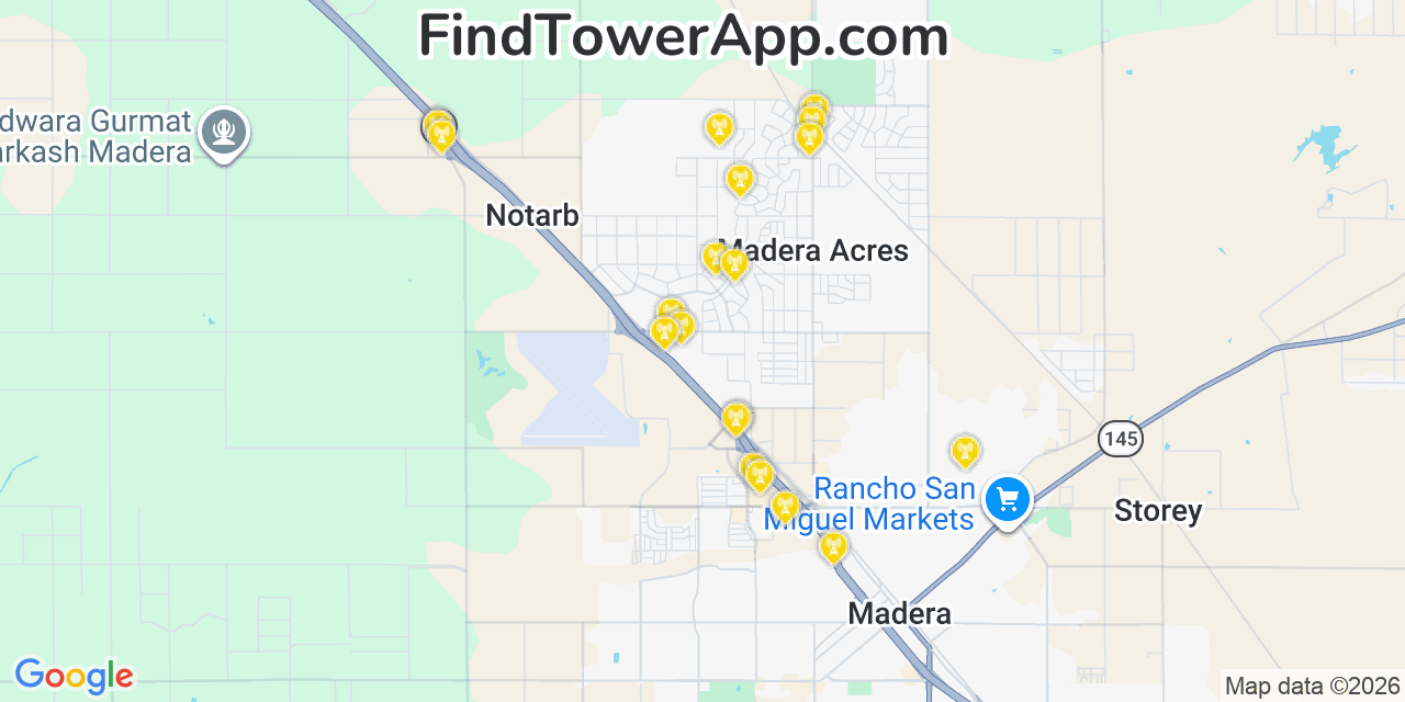 Map showing the 20 primary cell tower locations detected in Madera Acres, California from AT&T, Verizon, and T-Mobile networks