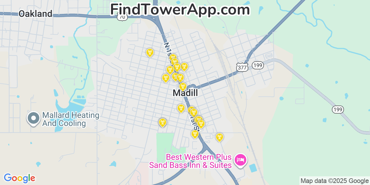 Map showing the 20 primary cell tower locations detected in Madill, Oklahoma from AT&T, Verizon, and T-Mobile networks