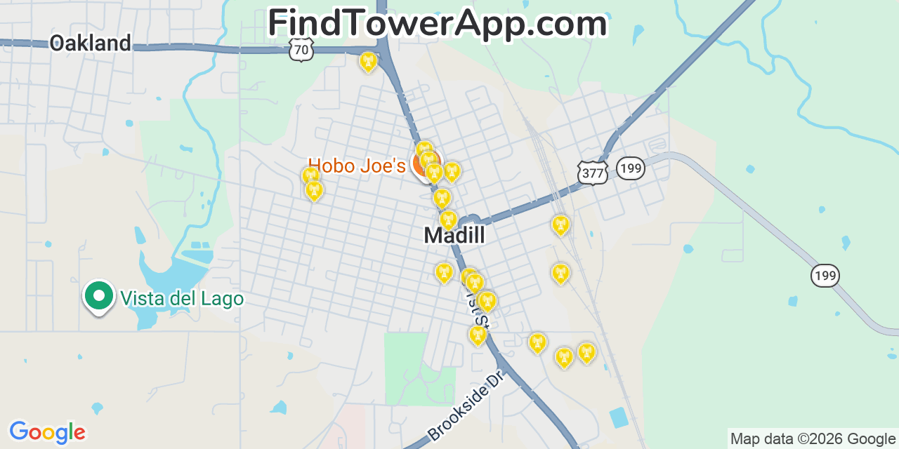 Map showing the 20 primary cell tower locations detected in Madill, Oklahoma from AT&T, Verizon, and T-Mobile networks