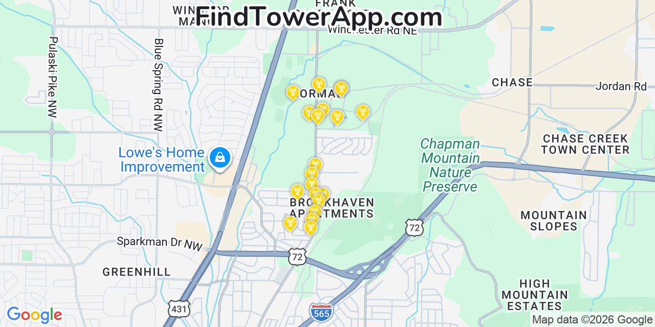 Map showing the 20 primary cell tower locations detected in Madison, Alabama from AT&T, Verizon, and T-Mobile networks