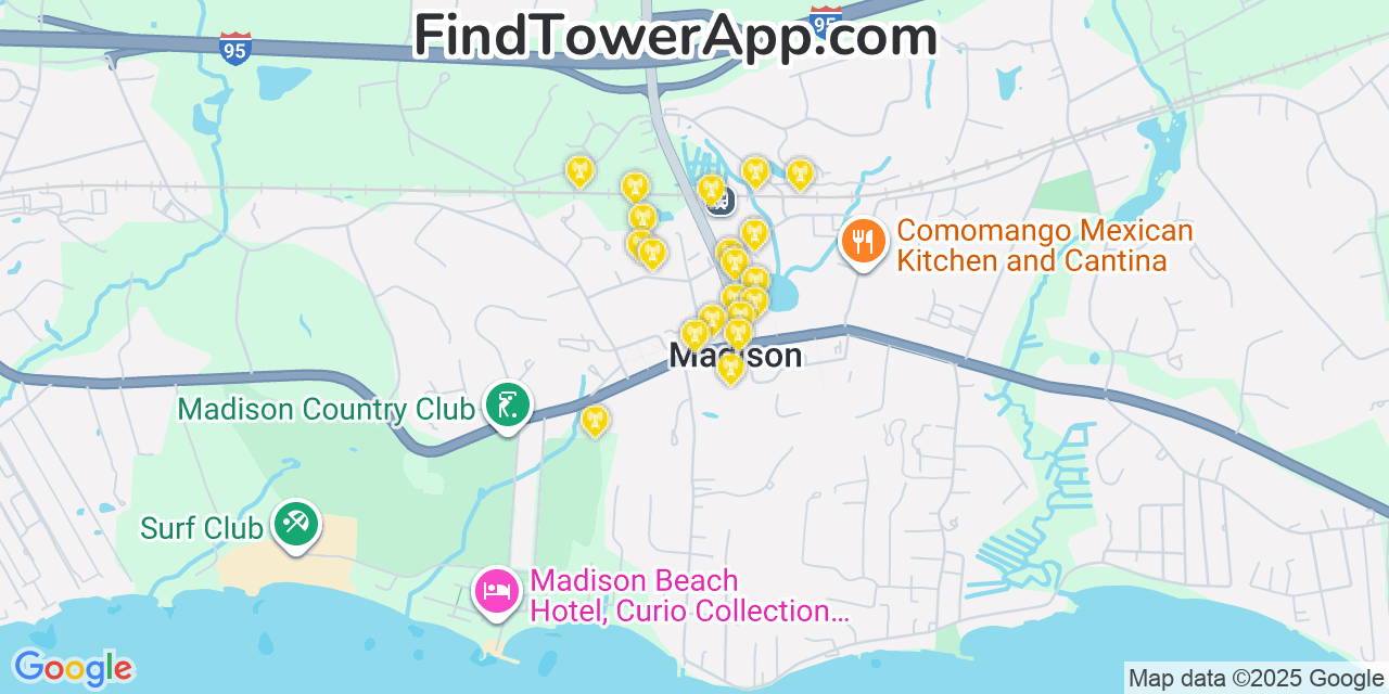 Map showing the 20 primary cell tower locations detected in Madison Center, Connecticut from AT&T, Verizon, and T-Mobile networks