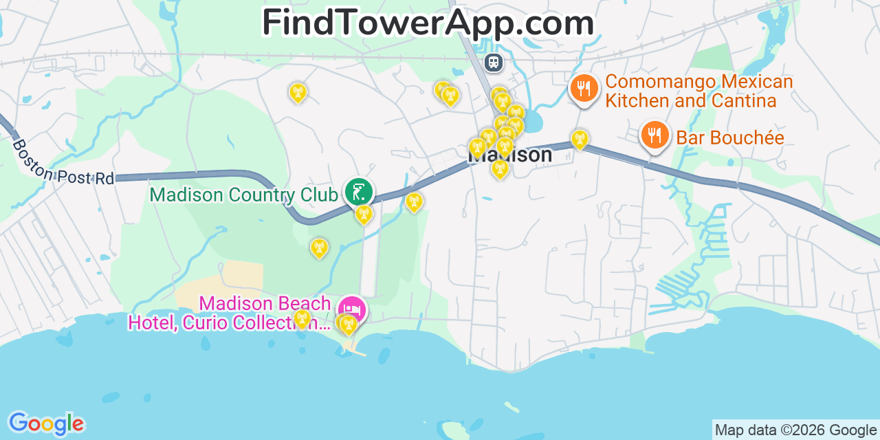 Map showing the 20 primary cell tower locations detected in Madison Center, Connecticut from AT&T, Verizon, and T-Mobile networks