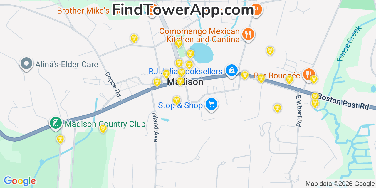 Map showing the 20 primary cell tower locations detected in Madison, Connecticut from AT&T, Verizon, and T-Mobile networks