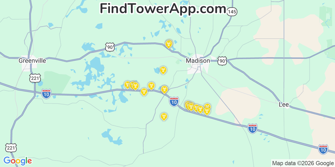 Map showing the 20 primary cell tower locations detected in Madison, Florida from AT&T, Verizon, and T-Mobile networks