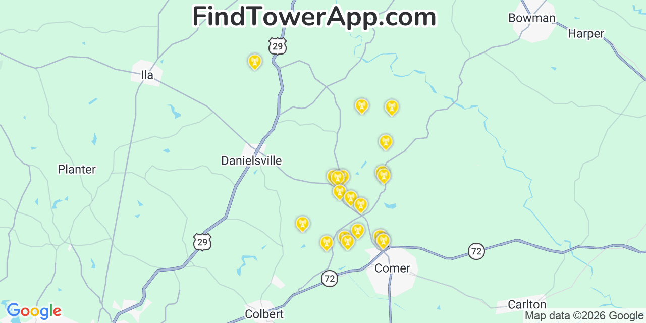 Map showing the 20 primary cell tower locations detected in Madison, Georgia from AT&T, Verizon, and T-Mobile networks