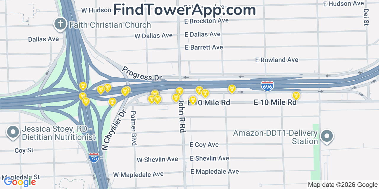 Map showing the 20 primary cell tower locations detected in Madison Heights, Michigan from AT&T, Verizon, and T-Mobile networks