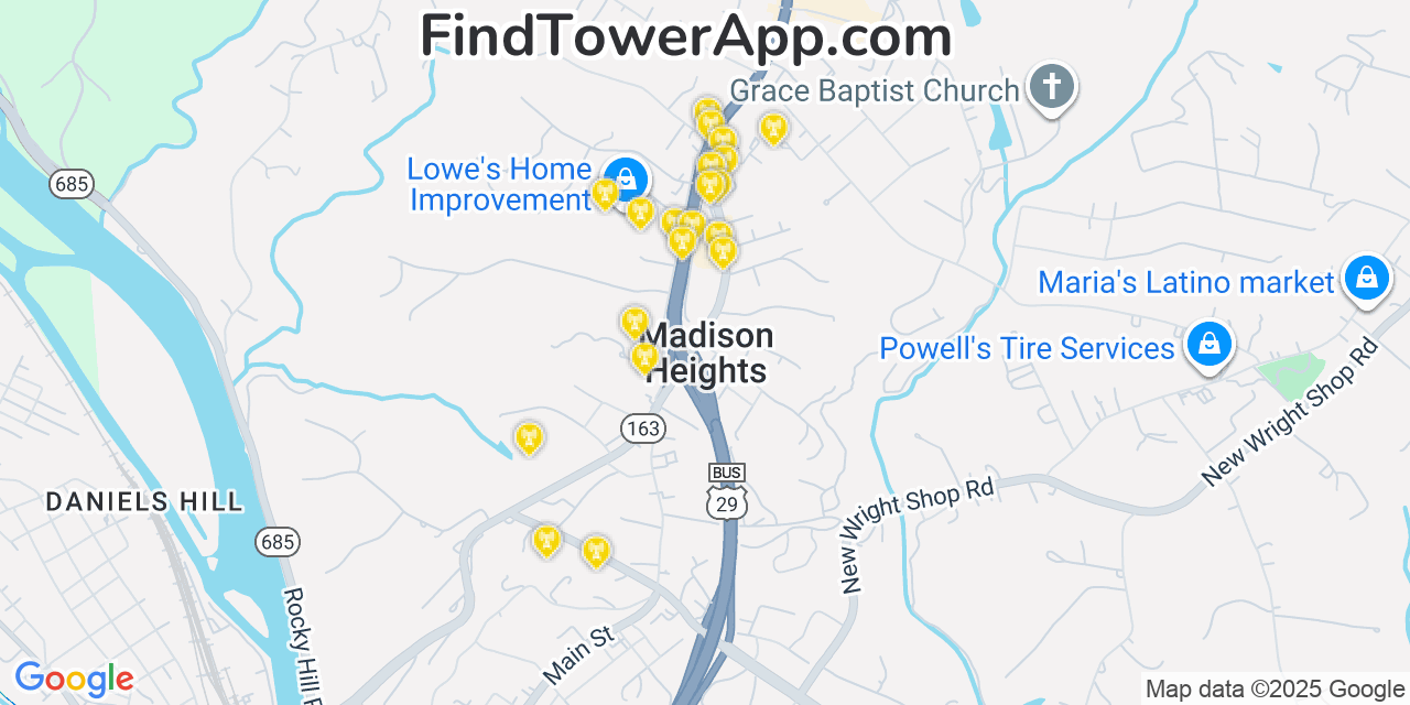 Map showing the 20 primary cell tower locations detected in Madison Heights, Virginia from AT&T, Verizon, and T-Mobile networks