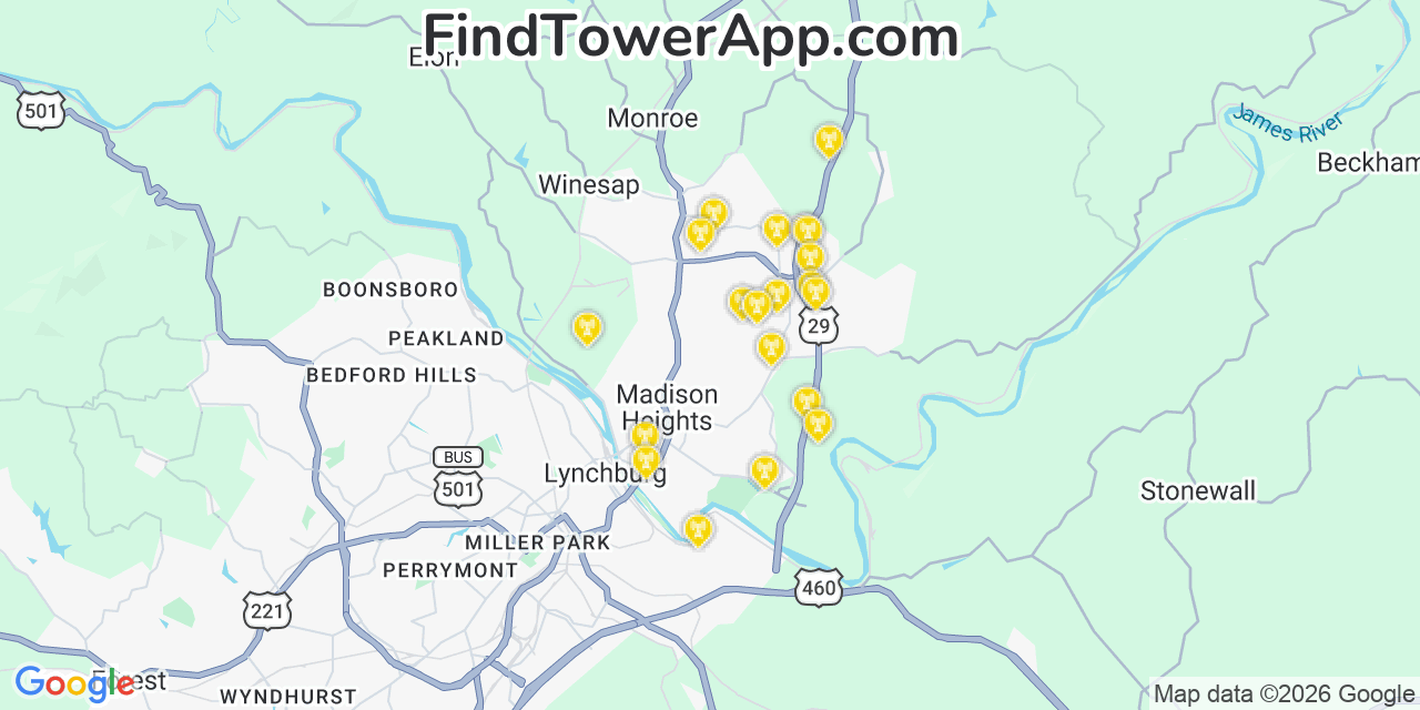 Map showing the 20 primary cell tower locations detected in Madison Heights, Virginia from AT&T, Verizon, and T-Mobile networks
