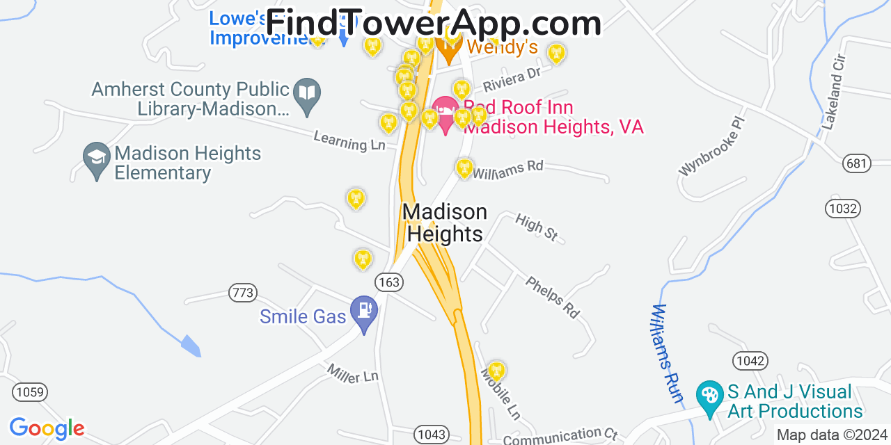 Verizon 4G/5G cell tower coverage map Madison Heights, Virginia