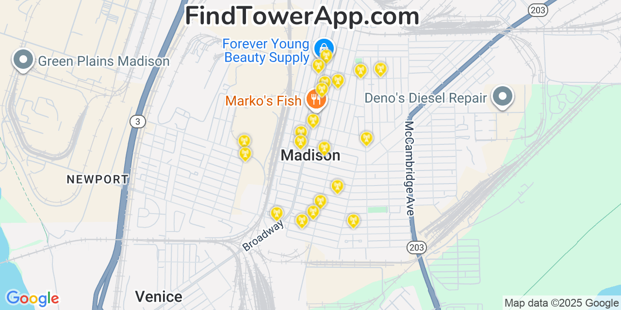 Map showing the 20 primary cell tower locations detected in Madison, Illinois from AT&T, Verizon, and T-Mobile networks