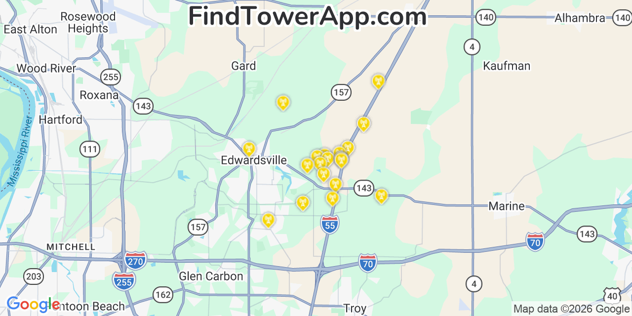 Map showing the 20 primary cell tower locations detected in Madison, Illinois from AT&T, Verizon, and T-Mobile networks