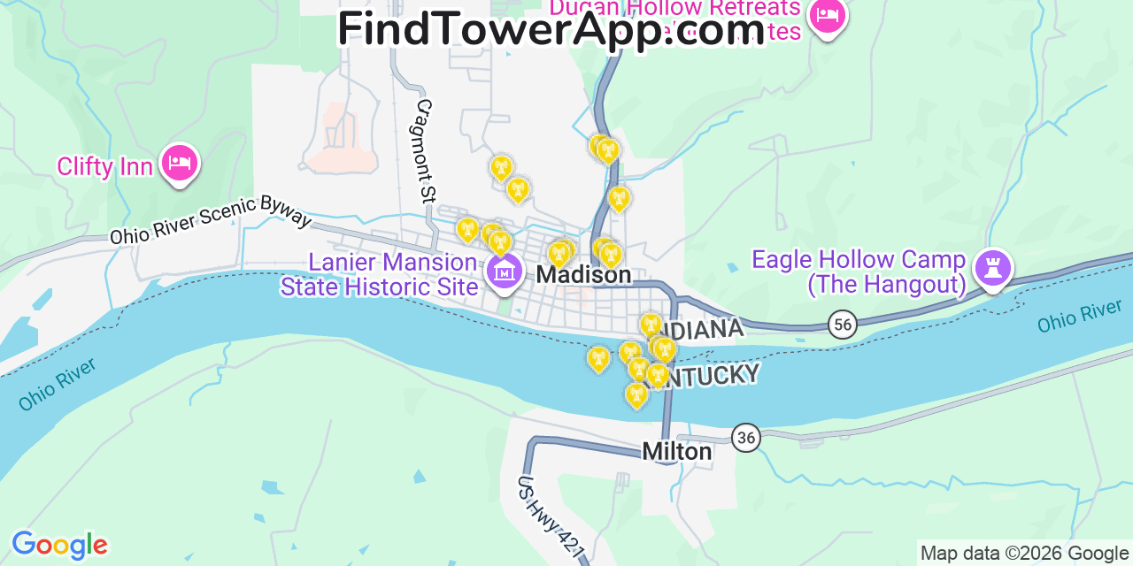 Map showing the 20 primary cell tower locations detected in Madison, Indiana from AT&T, Verizon, and T-Mobile networks