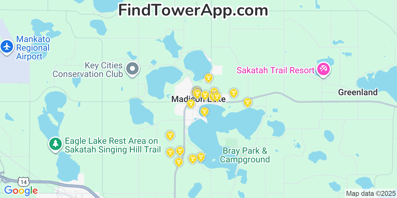 Map showing the 20 primary cell tower locations detected in Madison Lake, Minnesota from AT&T, Verizon, and T-Mobile networks