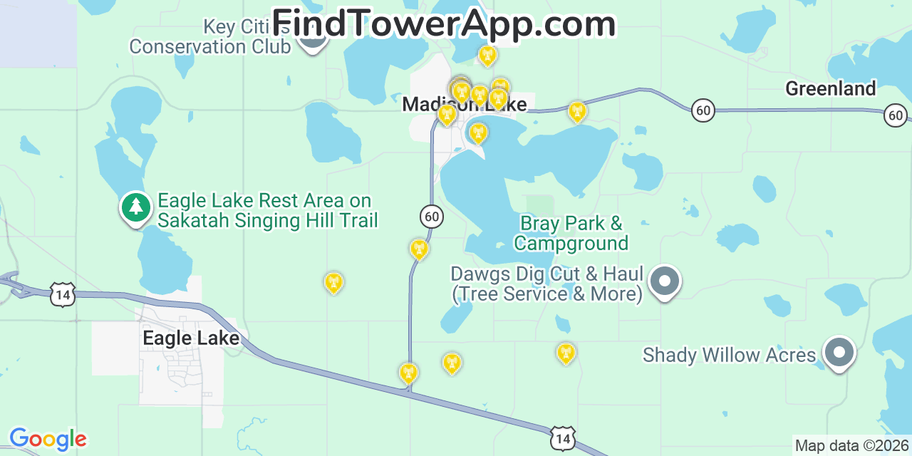 Map showing the 20 primary cell tower locations detected in Madison Lake, Minnesota from AT&T, Verizon, and T-Mobile networks