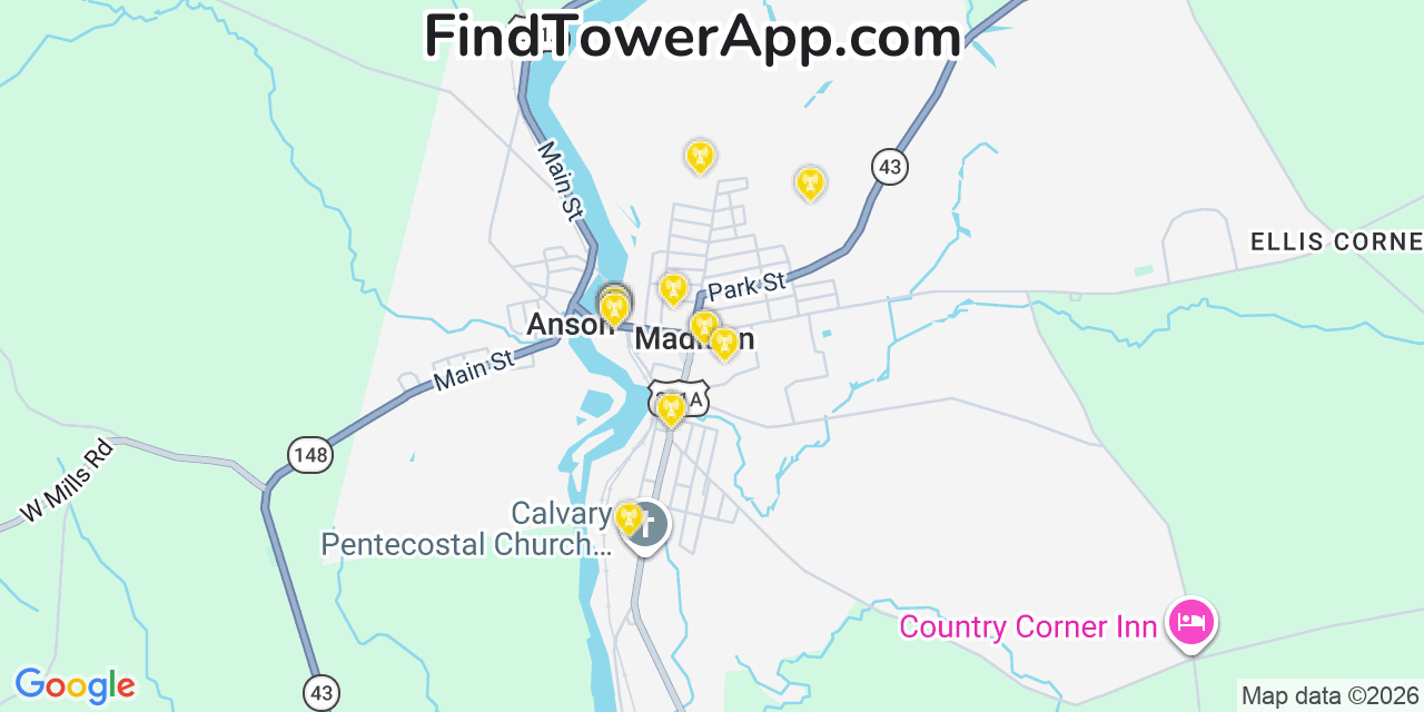 Map showing the 20 primary cell tower locations detected in Madison, Maine from AT&T, Verizon, and T-Mobile networks