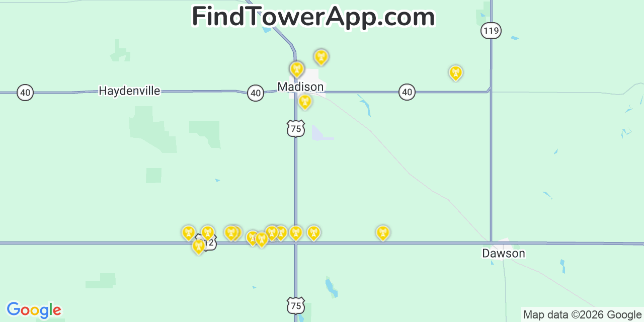 Map showing the 20 primary cell tower locations detected in Madison, Minnesota from AT&T, Verizon, and T-Mobile networks