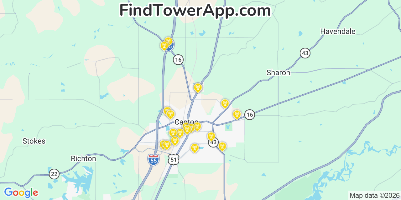 Map showing the 20 primary cell tower locations detected in Madison, Mississippi from AT&T, Verizon, and T-Mobile networks