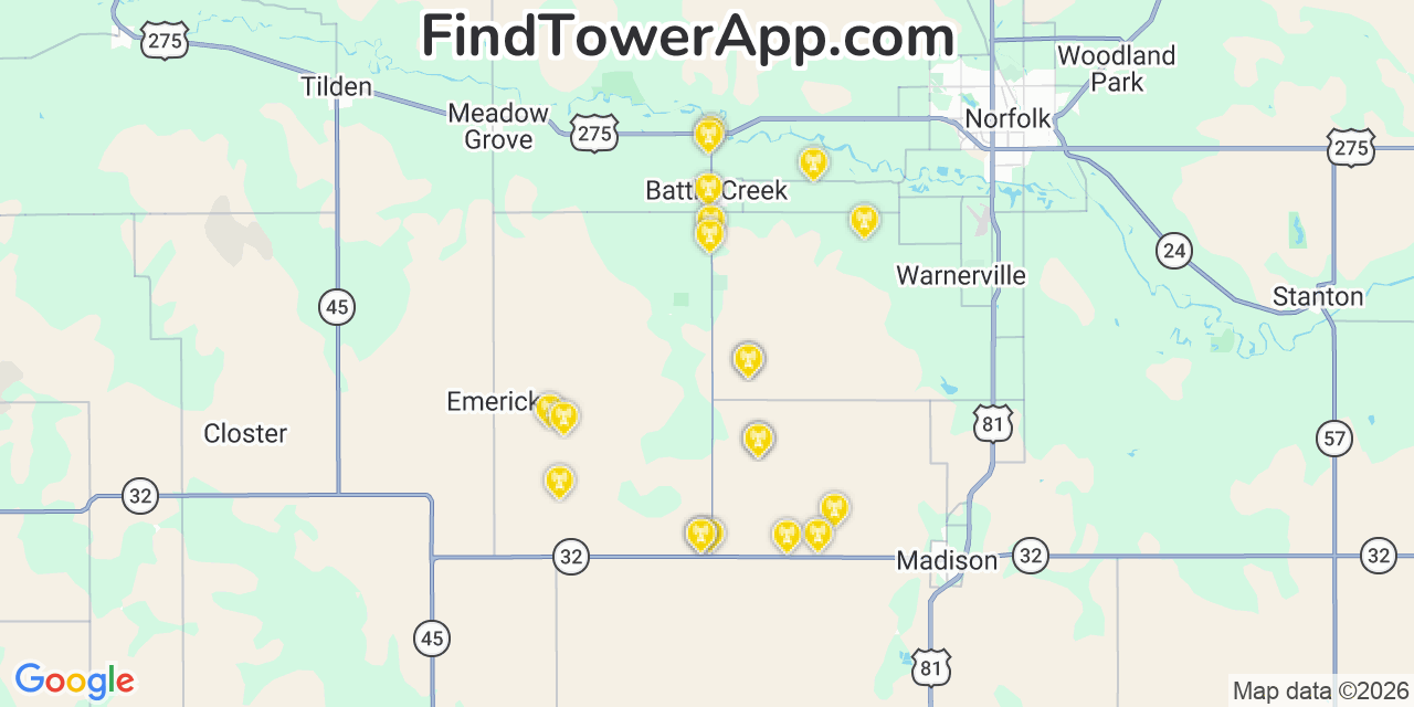 Map showing the 20 primary cell tower locations detected in Madison, Nebraska from AT&T, Verizon, and T-Mobile networks