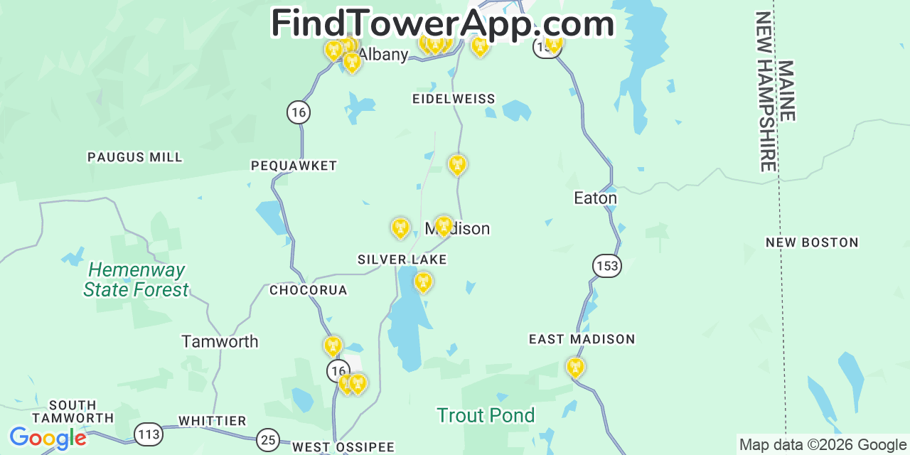 Map showing the 20 primary cell tower locations detected in Madison, New Hampshire from AT&T, Verizon, and T-Mobile networks