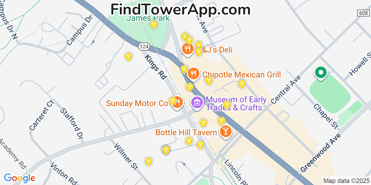Map showing the 20 primary cell tower locations detected in Madison, New Jersey from AT&T, Verizon, and T-Mobile networks