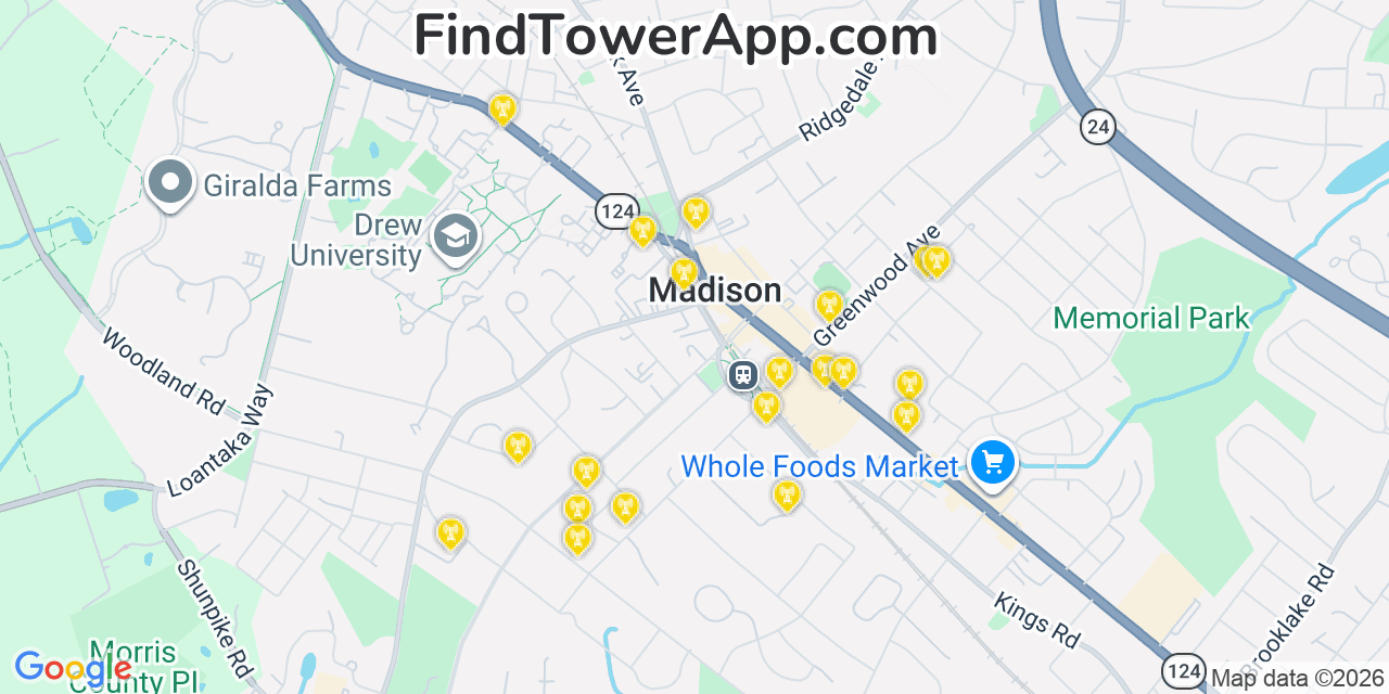 Map showing the 20 primary cell tower locations detected in Madison, New Jersey from AT&T, Verizon, and T-Mobile networks