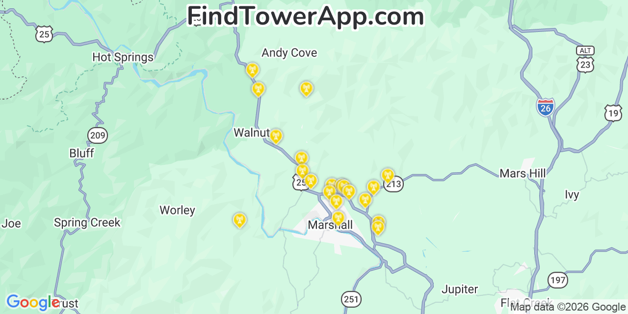 Map showing the 20 primary cell tower locations detected in Madison, North Carolina from AT&T, Verizon, and T-Mobile networks