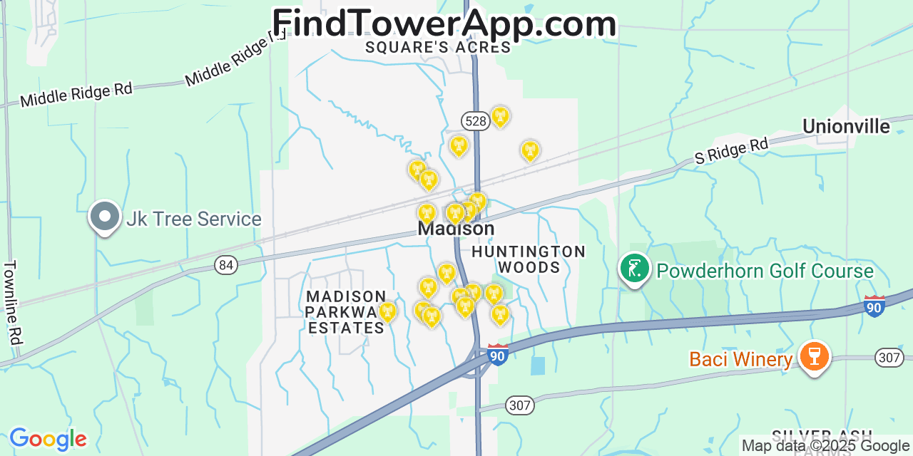Map showing the 20 primary cell tower locations detected in Madison, Ohio from AT&T, Verizon, and T-Mobile networks