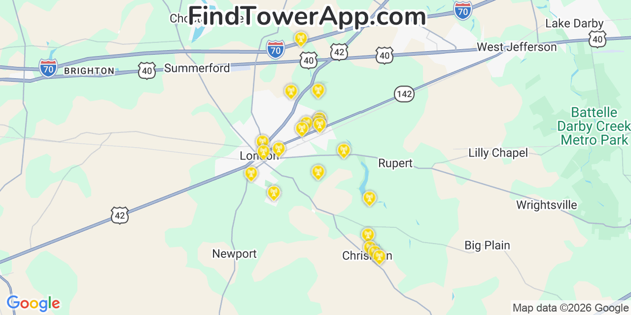 Map showing the 20 primary cell tower locations detected in Madison, Ohio from AT&T, Verizon, and T-Mobile networks