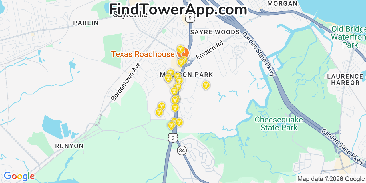 Map showing the 20 primary cell tower locations detected in Madison Park, New Jersey from AT&T, Verizon, and T-Mobile networks